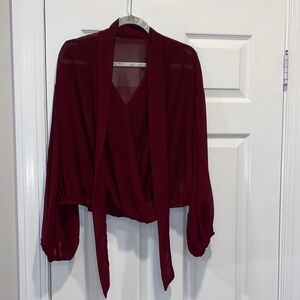 Women’s Burgundy V-Neck Tie-Front Sheer Blouse